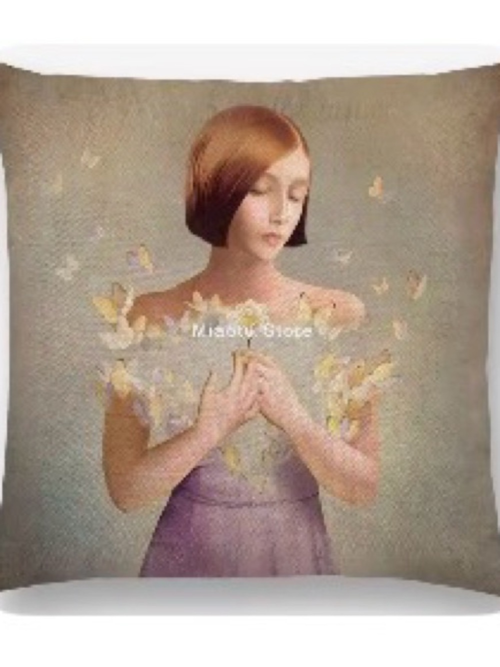 Serene Girl with Butterflies Canvas Art Print - Lavender, Cream, Peach pillow